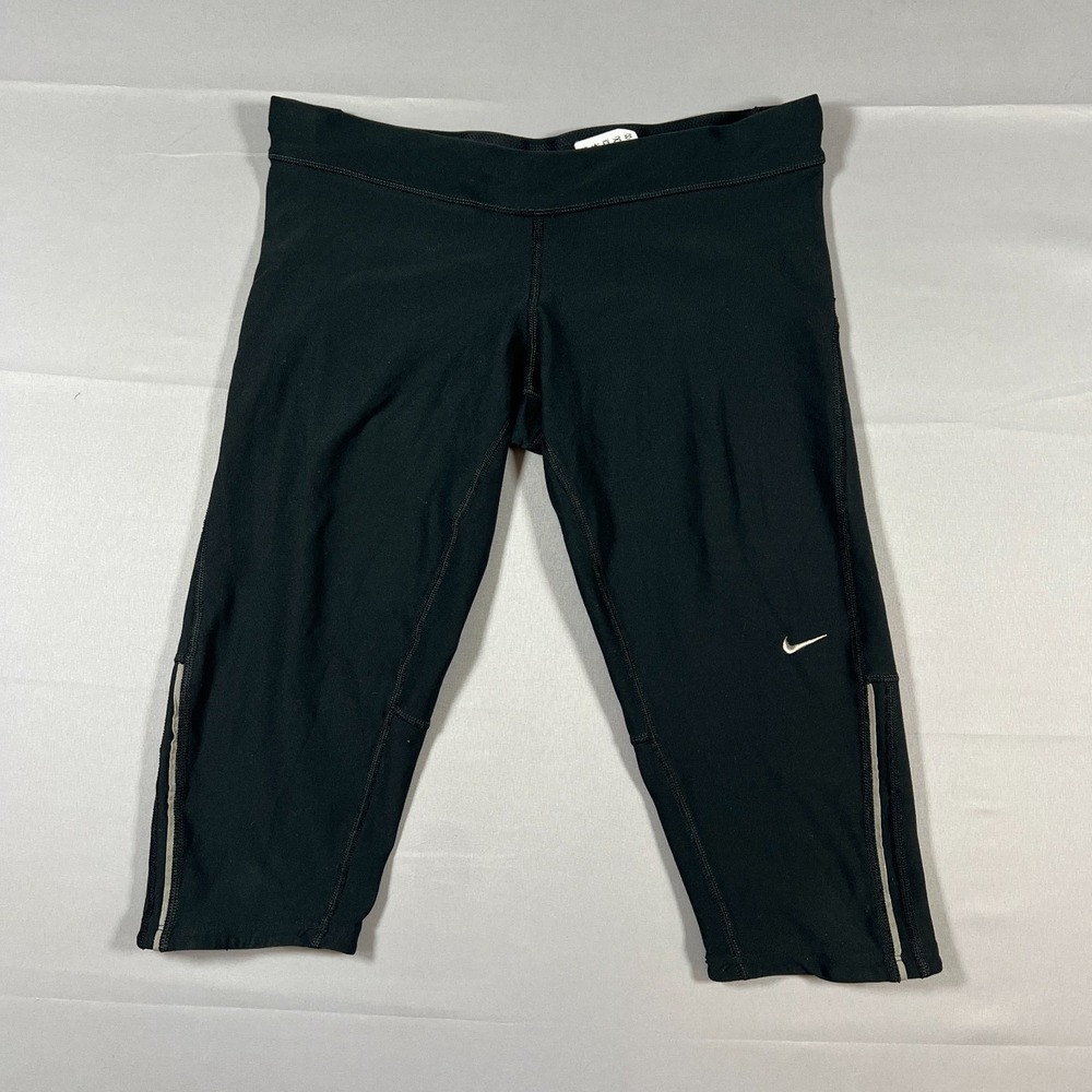 Nike Dri Fit Capri Leggings Womens Medium Black Stretch Mesh Lined Pull On Gym